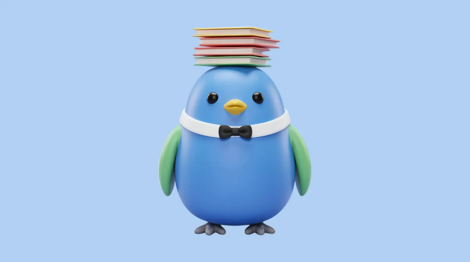 Drie boeken in balans op zijn hoofd, met vlinderdas