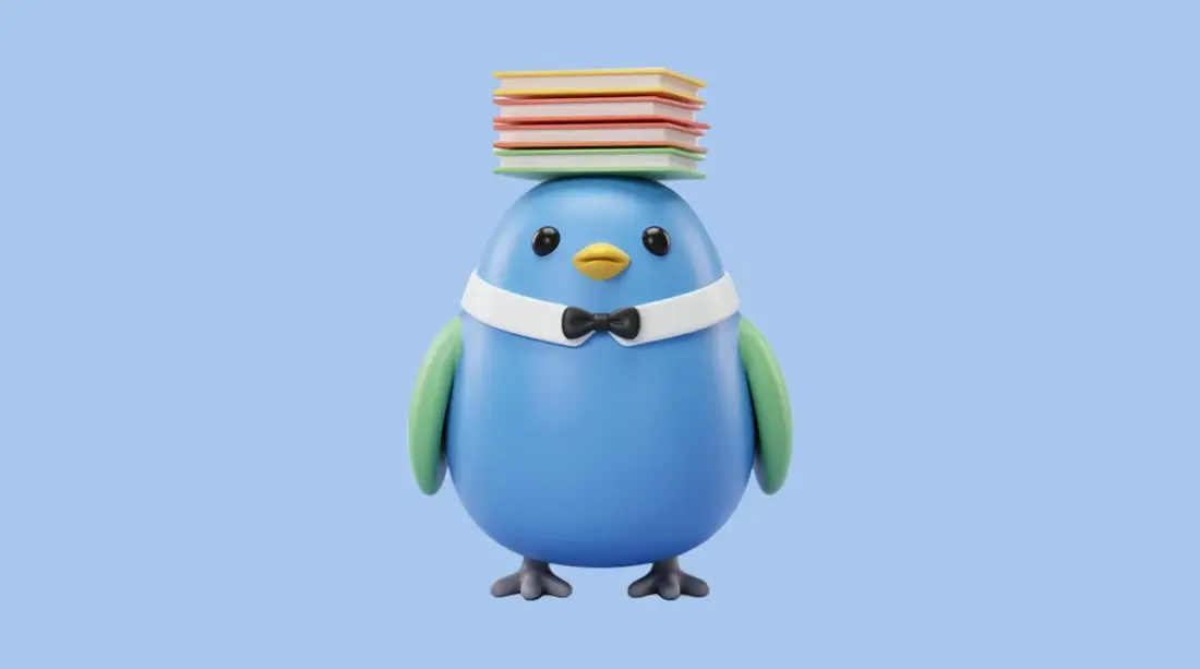 Drie boeken in balans op zijn hoofd, met vlinderdas